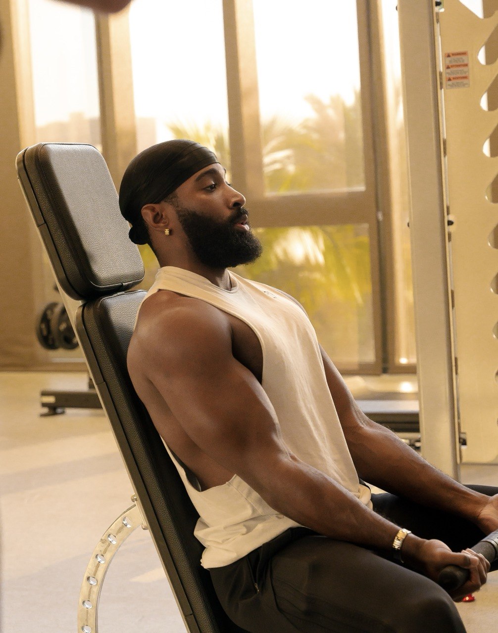 Sampson seated in the gym for Day 1 Legs